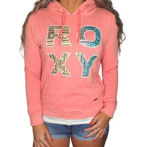 Roxy Sweater Womens Small Coral Pink Knit Hooded Graphic Tribal Surf Hoodie